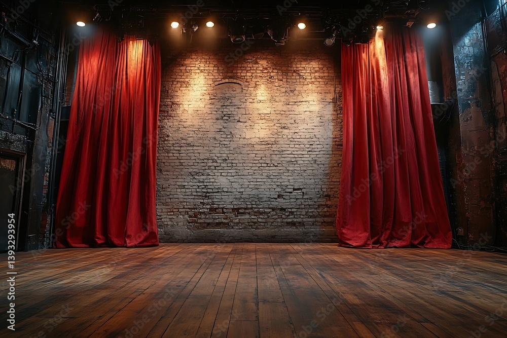 Poster empty theater stage with red curtains and brick wall dramatic background for performance art and the