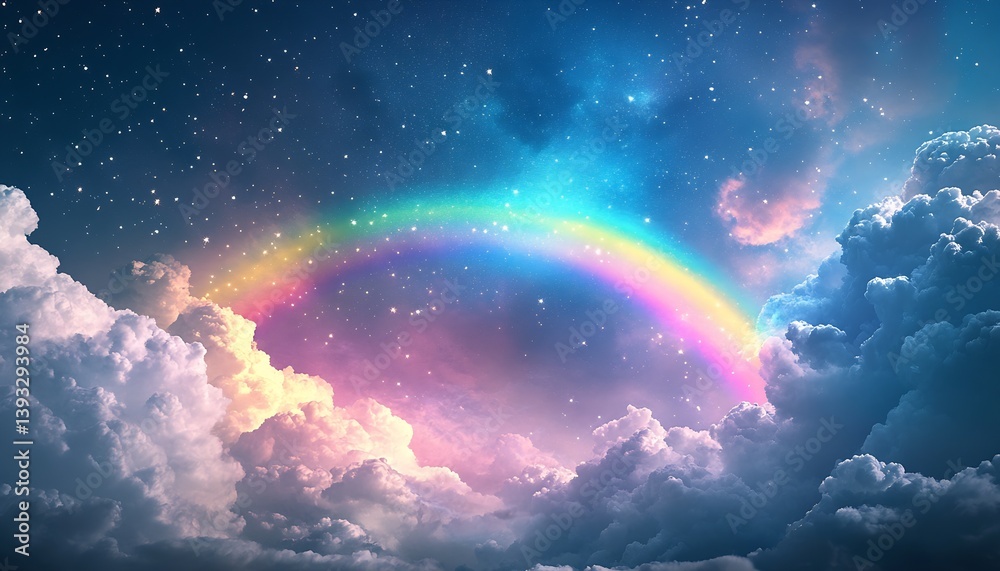 Poster enchanting image of a bright rainbow arching above soft clouds under a stunning starry sky at night 