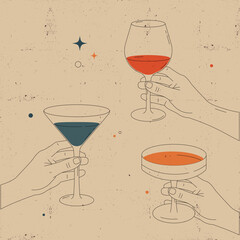 Minimalist illustration of hands holding different cocktail and wine glasses, drawn in vintage style on textured beige background. Retro festive drink concept.
