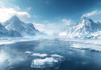Majestic Ice Mountains with Clear Blue Water Reflecting the Sky in a Remote Arctic Landscape : Generative AI