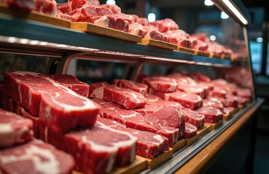 Assortment of raw meat in butcher shop display. Various cuts beef, pork, steaks. Showcase fresh grocery products, premium food. Butcher shop interior retail. - Powered by Adobe