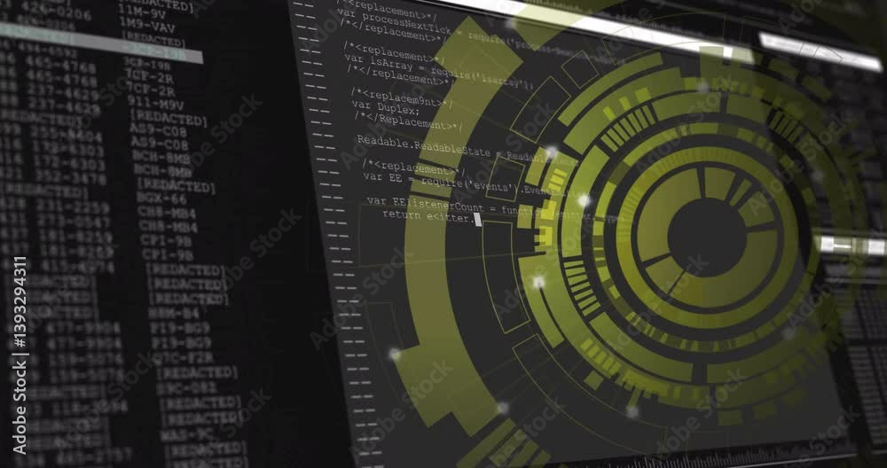 Poster animation of futuristic circular interface with digital code on computer screen