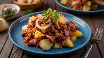 Corned Beef Hash - Fried dish with corned beef, potatoes, and onions