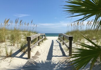 Wooden boardwalk pathway leads towards the ocean with a bright blue sky during summer time.