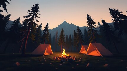 Camping adventure: Tents surround a cozy campfire under a majestic mountain backdrop at dusk.