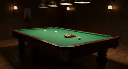 Classic Billiards Room Ambiance - A dimly lit billiard room, dark wood paneling, green felt table, balls set for a game, inviting atmosphere. Symbolizes leisure, competition, strategy, elegance