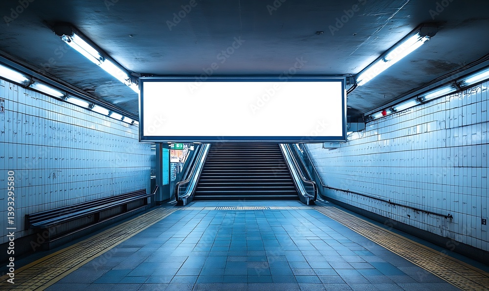Aufkleber Subway Station Platform with Blank Billboard Empty Space for Advertisement and Urban Commute Transit : Generative AI