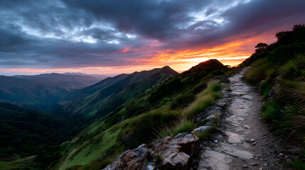Obraz premium A winding mountain trail through green hills, with the vibrant orange and pink hues of sunset painting the sky above the peaks in the distance.