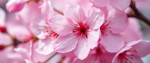 Fototapeta premium Blossoming Beauty: Delicate pink petals embrace the springtime light in this captivating floral close-up.