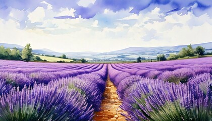 Watercolor painting of a lavender field background, wallpaper