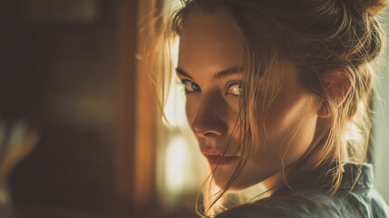 Portrait of a blonde woman looking back over her shoulder with a sly and knowing expression on her face