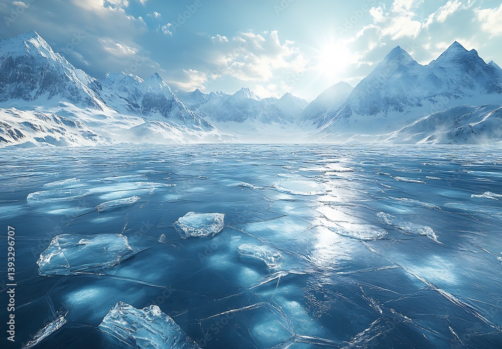 Poster glistening ice pieces floating on a tranquil lake with mountain backdrops under a bright sunlit sky 