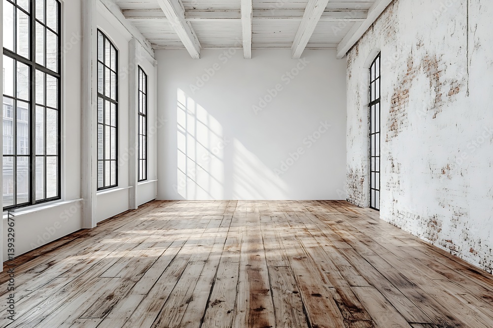 Poster loft style empty room with wooden floor white brick wall and large windows with sunlight : generativ