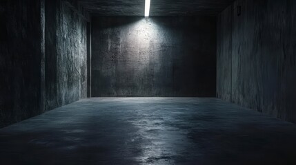 Dark, empty concrete room illuminated by single overhead light.