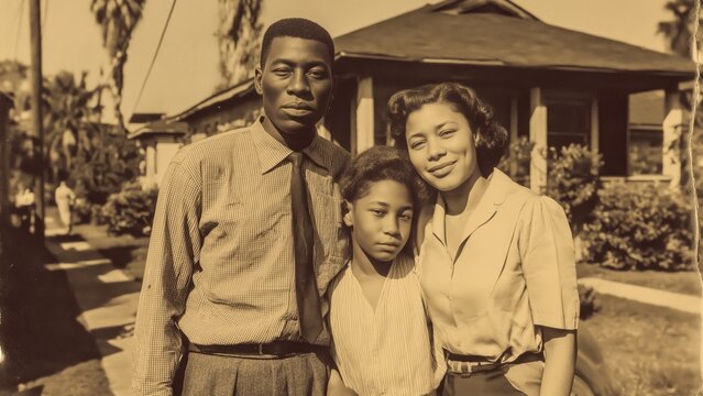 Vintage retro family portrait of an African American man posing with his wife and daughter at their home front yard
