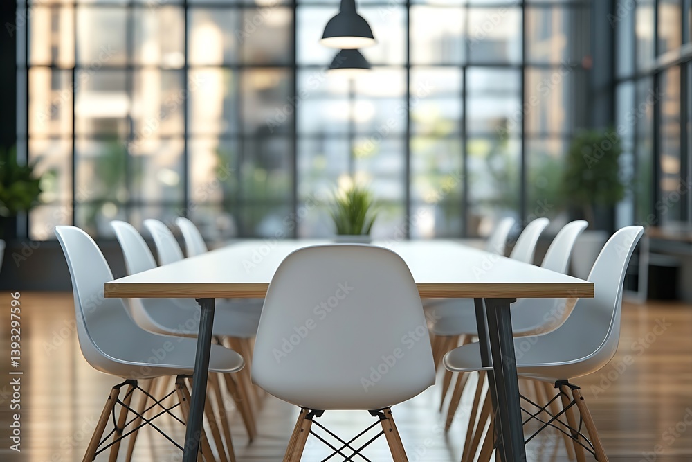 Poster modern conference room interior with large table chairs and window view offering a bright and profes