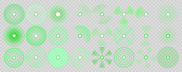 Fototapeta premium Green Wi-Fi signal glows softly, forming radial digital waves. RFID pulse effect radiates from central tech antenna point. Neon radar icon pulses smoothly in futuristic screen layout.