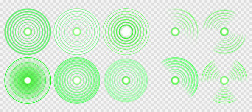 Green Wi-Fi signal glows softly, forming radial digital waves. RFID pulse effect radiates from central tech antenna point. Neon radar icon pulses smoothly in futuristic screen layout.