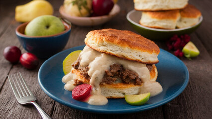 Biscuits and Gravy: A Southern breakfast dish featuring soft, flaky biscuits smothered in a savory sausage gravy.