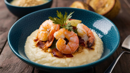 Shrimp and Grits: A Southern dish featuring creamy, buttery grits topped with saut�ed shrimp, often flavored with bacon