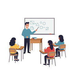 Teacher explaining shapes to students in a classroom, flat vector art illustration