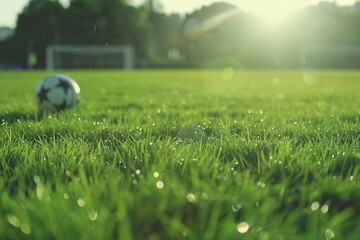 Football field with vibrant green grass, soccer ball in clear focus, blurred background, sunny weather