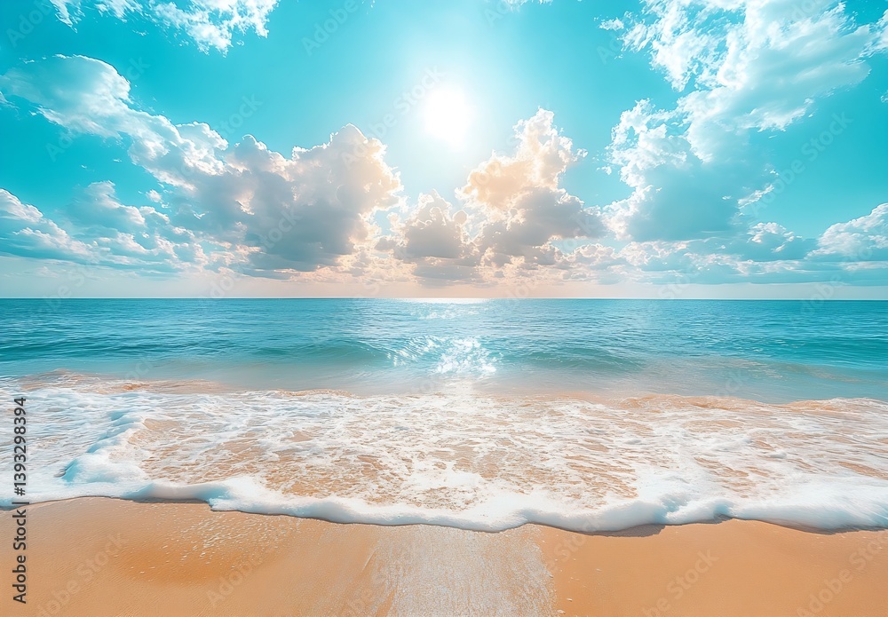 Poster serene coastal view of a vibrant ocean under a bright sky with fluffy clouds and sunlight reflecting
