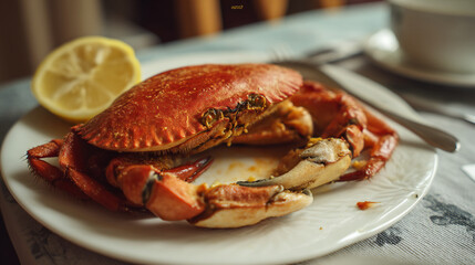 A cooked crab served on a white plate with a lemon wedge and silverware on a patterned tablecloth