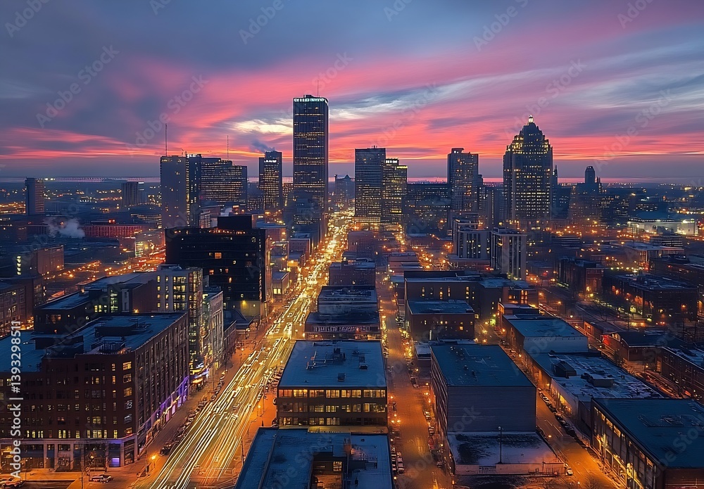 Poster Vibrant urban skyline at twilight with beautiful reflections and glowing lights creating an enchanting atmosphere : Generative AI