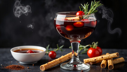 Fototapeta premium Delicious mulled wine with spices on dark background, winter indulgence