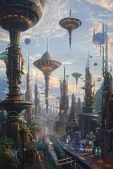 A detailed alien city featuring complex infrastructure, multi-story highways, buses, a lively amusement park, and imaginative inhabitants of a distant futuristic world.