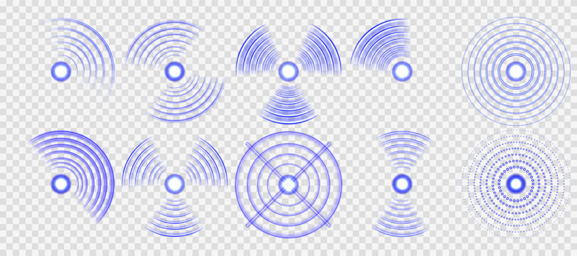 Round signal wave spreads evenly across transparent space. Seismic alert ring vibrates as shockwave indicator graphic. Wi-Fi wave effect pulses in structured layered formation. Blue light signal