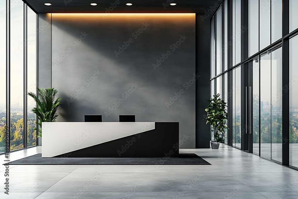 Poster modern office reception area with clean lines and natural light for welcoming corporate environment 