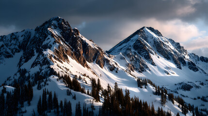 Golden evening light washing over snow-covered alpine peaks.