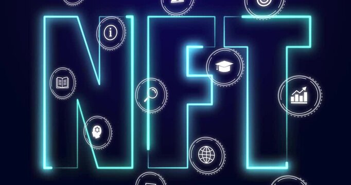 Animation of digital icons representing NFT technology and education concepts