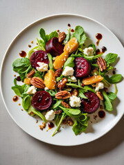 Vivid design food and beverage advertisement: A vibrant beet and citrus salad artfully arranged on a white plate, showcasing a mix of colorful ingredients and drizzled with balsamic glaze.