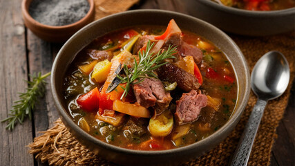 Mixed Meat Stew, Hunter's Style: Rustic stew with assorted meats, herbs, and hearty vegetables. 