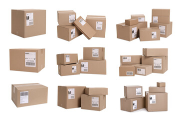 Many different parcels with shipping labels isolated on white, collage