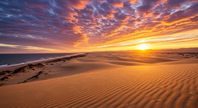 Desert Sunset Coastal Dunescape - Vibrant sunset over coastal sand dunes, ocean waves, and a colorful sky. Perfect for travel, nature, and landscape themes