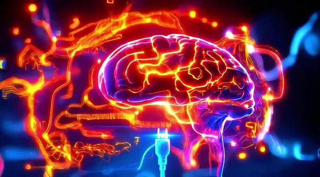 Illuminated human brain with glowing connections and a power plug art
