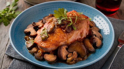 Veal with Marsala and Mushrooms: Juicy veal cooked with Marsala wine and earthy mushrooms.