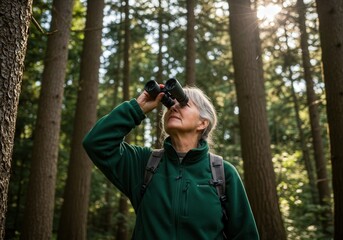 An older woman enjoys birdwatching in a sun-dappled forest, looking through her binoculars.