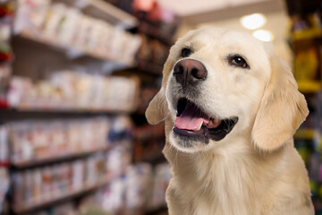 Adorable Golden Labrador Retriever in pet shop. Space for text