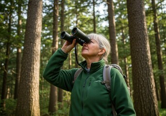 Fototapeta premium An elderly woman is looking through binoculars in the forest, enjoying nature and bird watching.