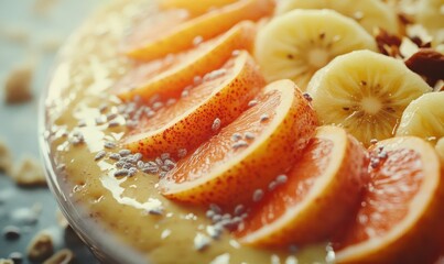Close-up of a freshly made smoothie bowl topped with sliced fruits and nuts, soft natural light enhancing the vibrant colors and textures, high detail,