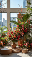 Vibrant floral arrangement in bright bridal boutique, nature-inspired elegance