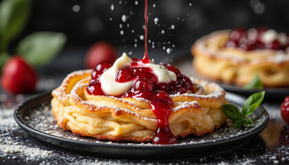 Decadent dessert with raspberry jam and cream in cozy kitchen, indulgence