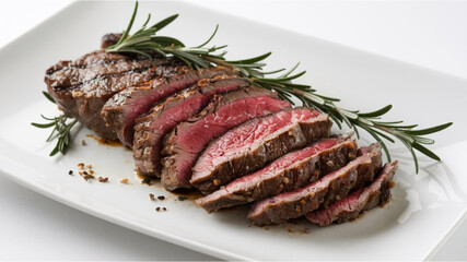 Grilled Steak: Sliced medium-rare steak with a pink center, garnished with fresh rosemary sprigs, served on a white plate with a plain background to highlight the dish.