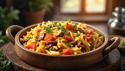 Delicious pasta dish with Italian sausage in rustic kitchen, comfort food