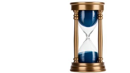Hourglass with blue sand, time passing concept, isolated, cut out transparent